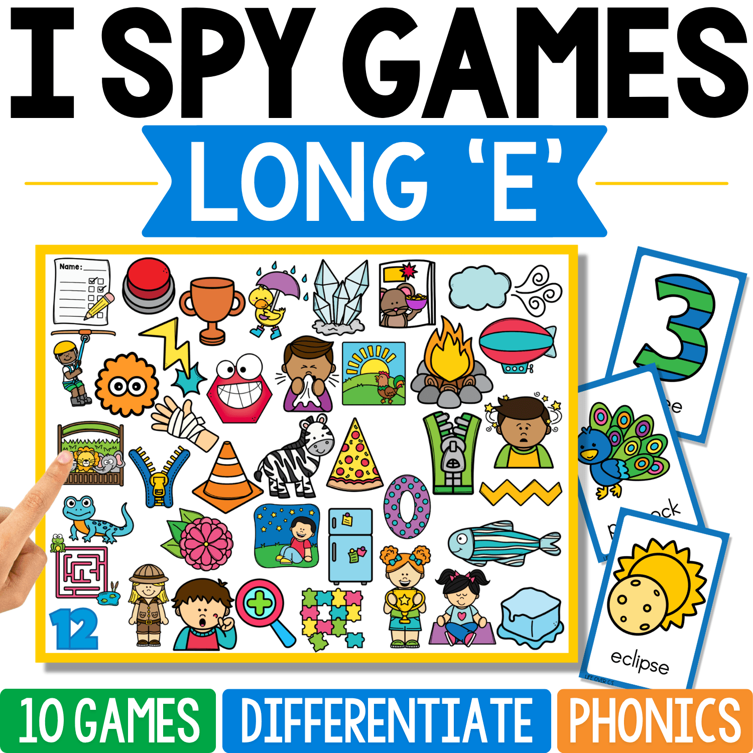 Long ‘E’ I Spy Games cover features a varied collection of long-E picture clues, with “eclipse” shown on a side card alongside a peacock and large letter image, encouraging children to listen for the target vowel sound across different spellings.