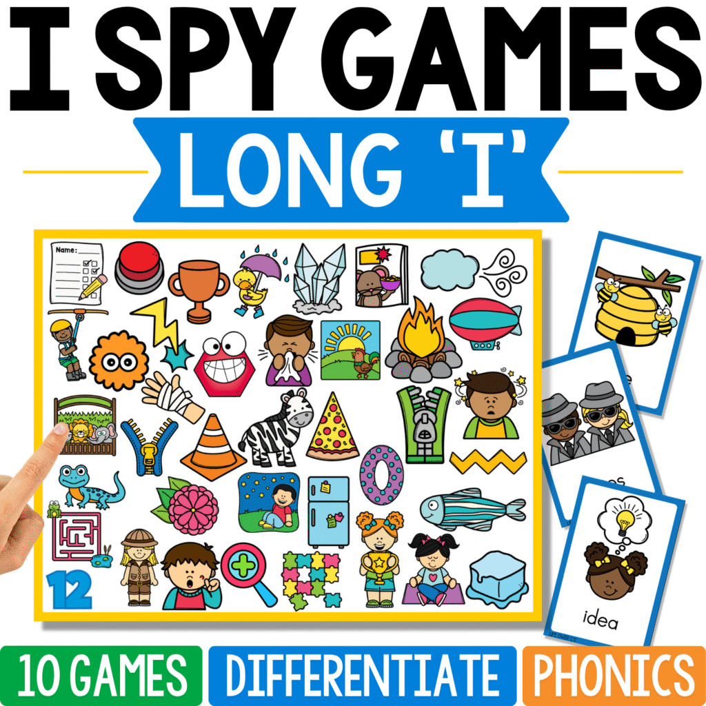 Long ‘I’ phonics I Spy cover combines picture clues for the long-I sound with distinctive sample cards showing a hive, disguised spies, and “idea,” emphasizing that the sound can appear in very different words.