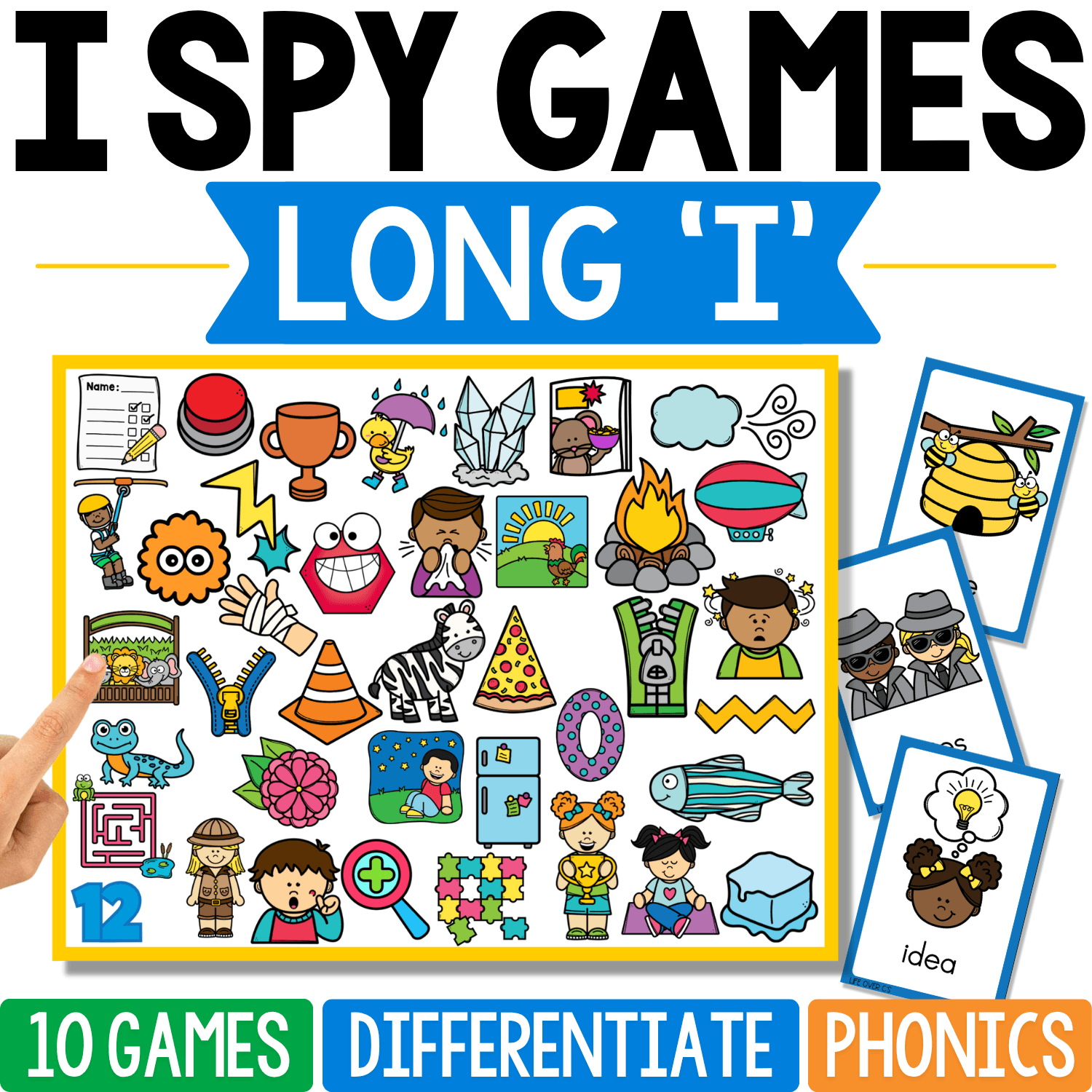 Long ‘I’ phonics I Spy cover combines picture clues for the long-I sound with distinctive sample cards showing a hive, disguised spies, and “idea,” emphasizing that the sound can appear in very different words.