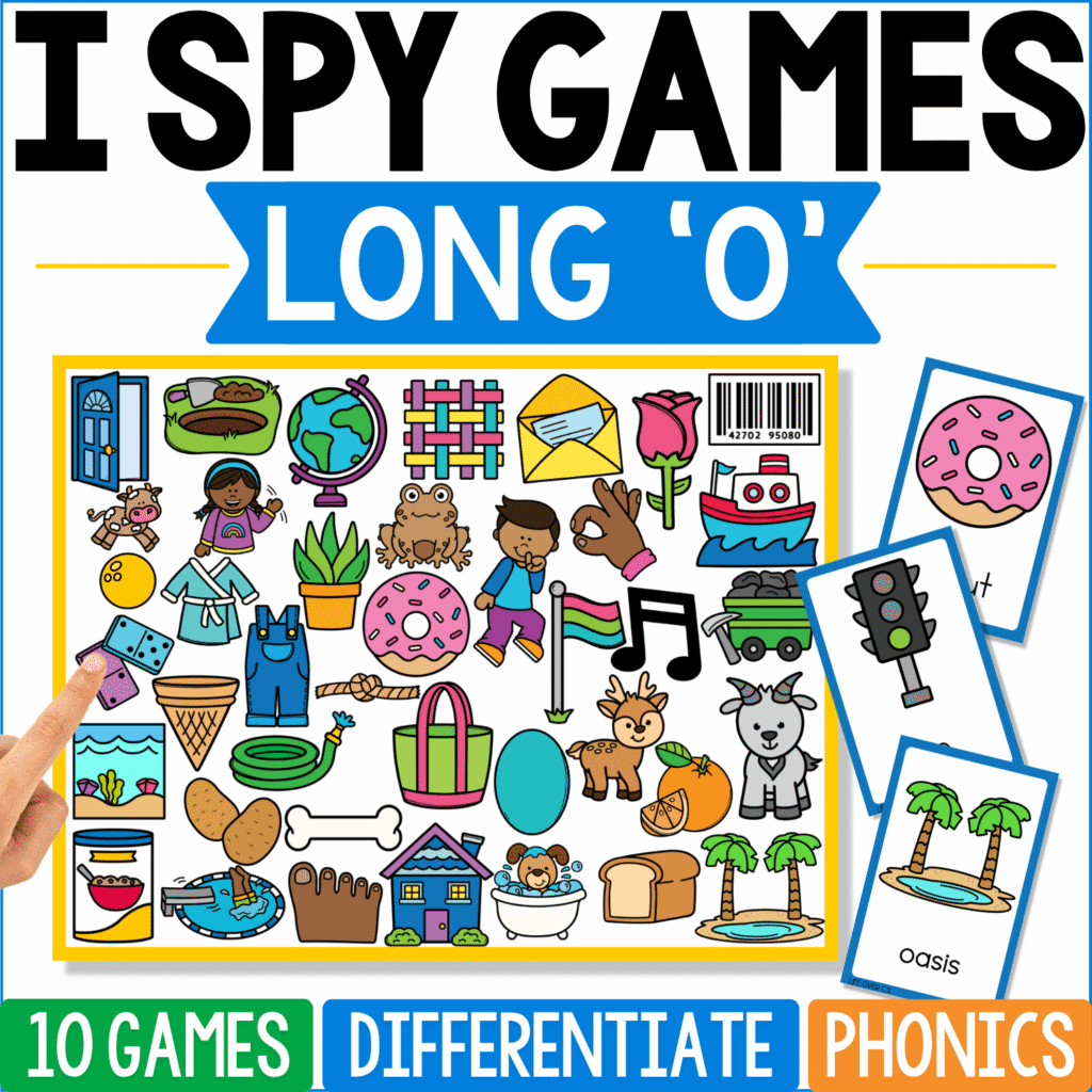 Long ‘O’ I Spy Games cover includes donut, globe, road, goat, bow, home, cone, hose, and other long-O vocabulary, with donut, traffic light, and oasis cards pulled from the busy phonics board.