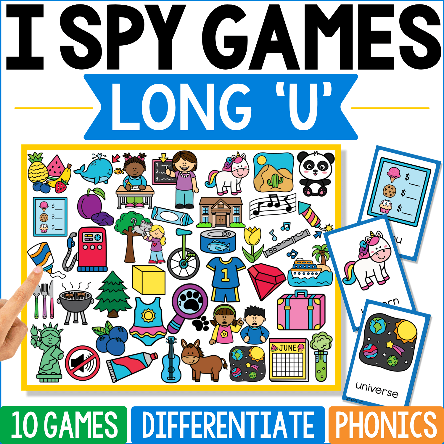 Long ‘U’ I Spy phonics cover includes unicorn, music, cube, uniform, tune, mule, and other long-U sounds among a wide mix of pictures, with “universe” and unicorn cards featured beside the board.