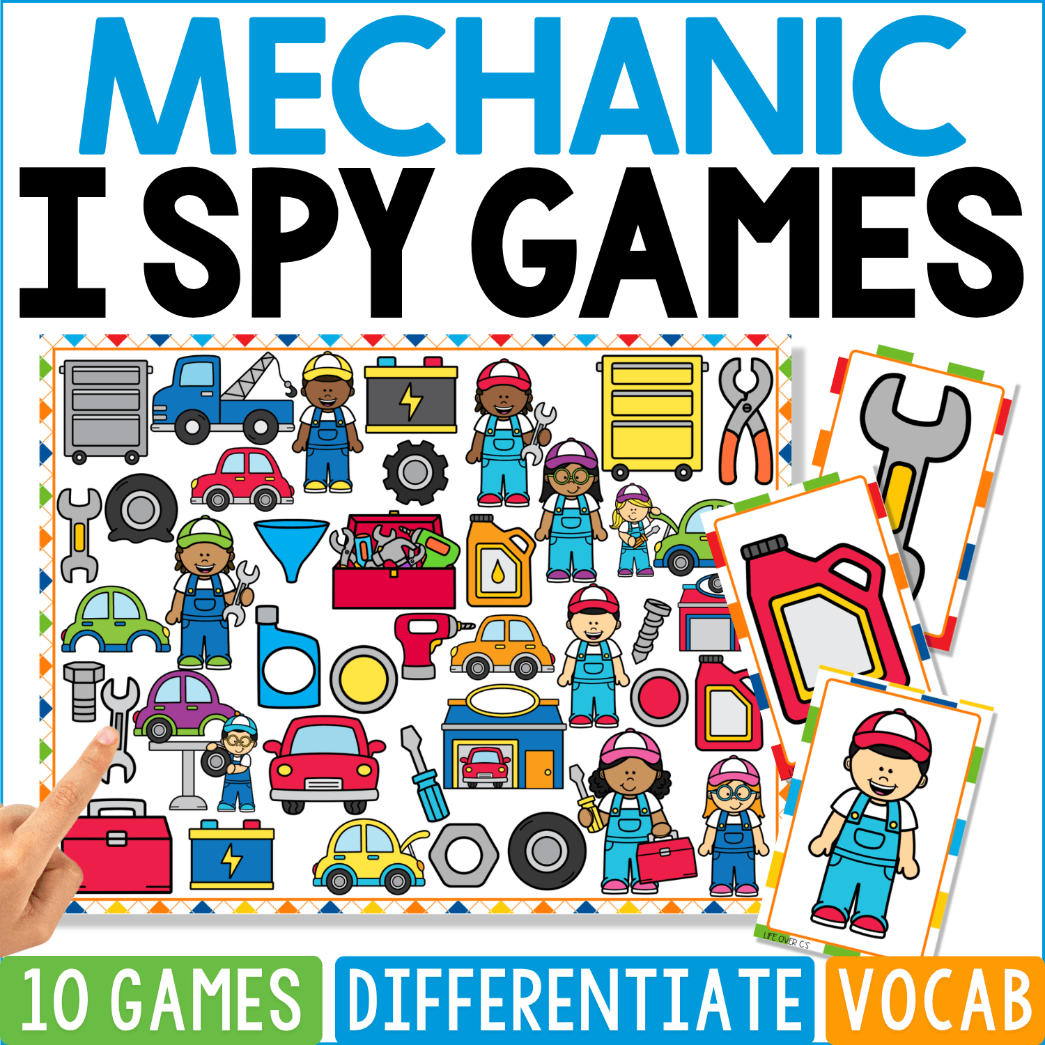 Mechanic I Spy Games cover fills an auto shop scene with mechanics, cars, tires, wrenches, pliers, batteries, oil containers, gears, toolboxes, jacks, garage doors, and repair equipment, plus large wrench and mechanic cards.