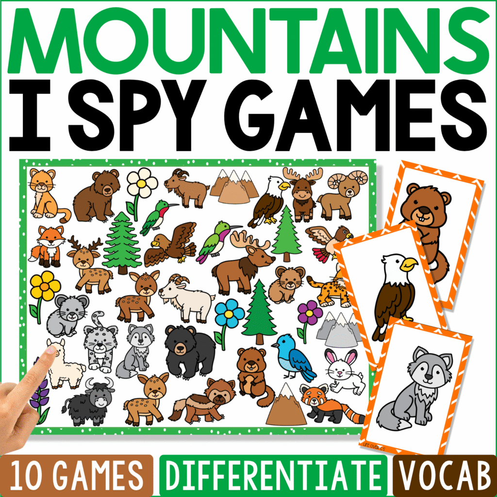 Mountains I Spy Games cover features bears, eagles, mountain goats, moose, wolves, foxes, rabbits, cougars, rocky peaks, evergreen trees, wildflowers, and other high-elevation wildlife, with eagle and bear cards beside the habitat scene.