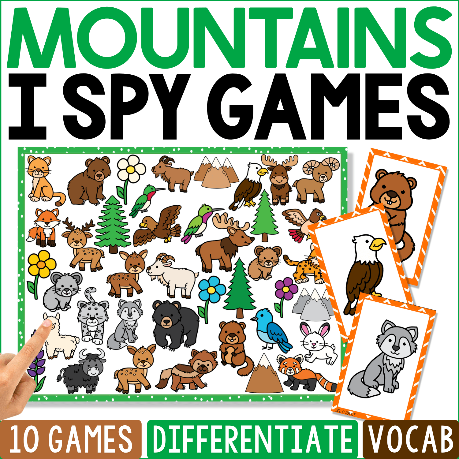 Mountains I Spy Games cover features bears, eagles, mountain goats, moose, wolves, foxes, rabbits, cougars, rocky peaks, evergreen trees, wildflowers, and other high-elevation wildlife, with eagle and bear cards beside the habitat scene.