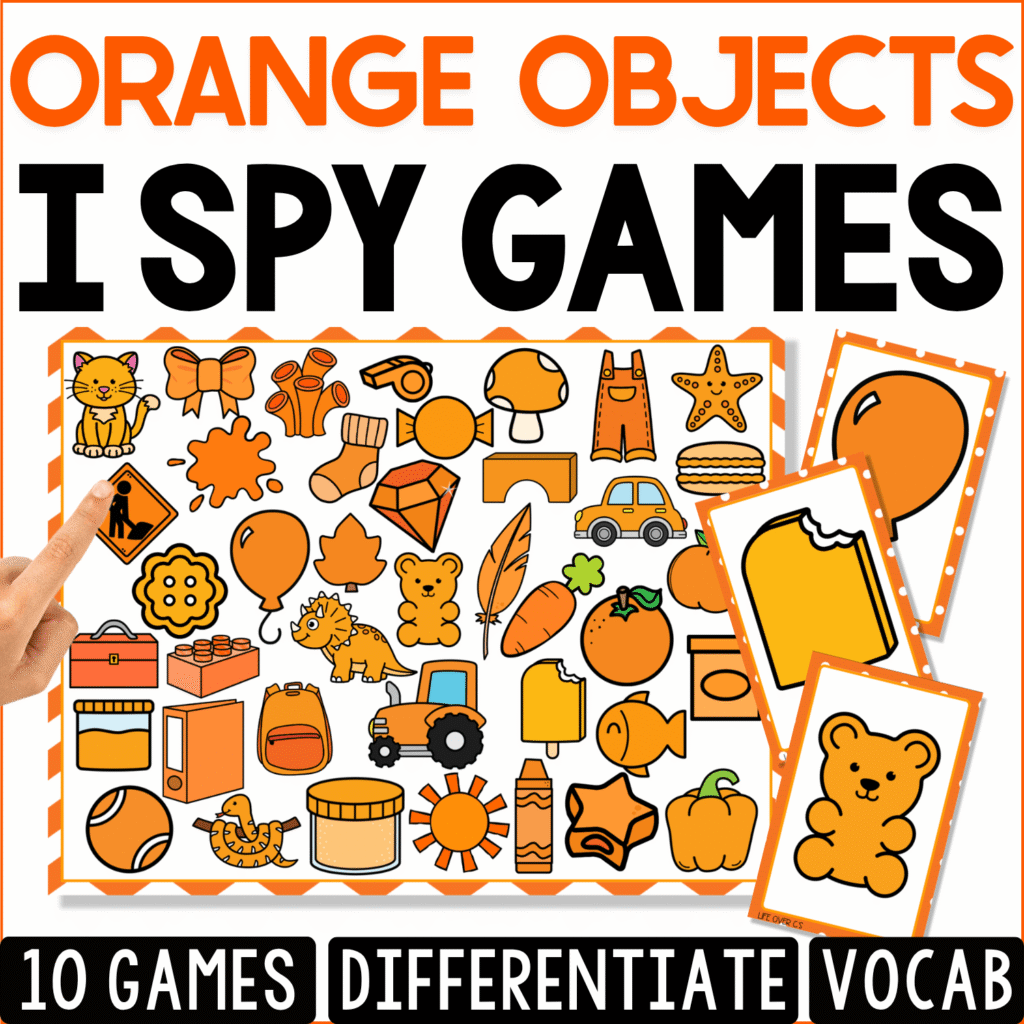 Orange Objects I Spy game cover with orange vocabulary pictures including a tiger, pumpkin, carrot, basketball, balloon, traffic cone, fish, truck, teddy bear, and sun.