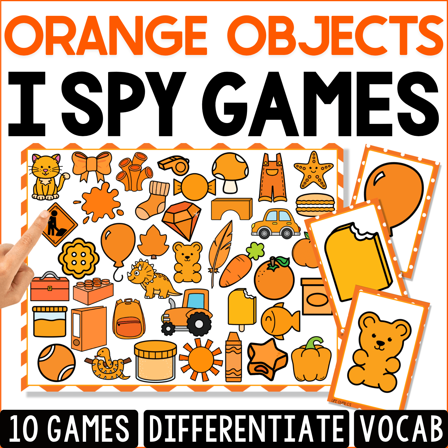 Orange Objects I Spy game cover with orange vocabulary pictures including a tiger, pumpkin, carrot, basketball, balloon, traffic cone, fish, truck, teddy bear, and sun.