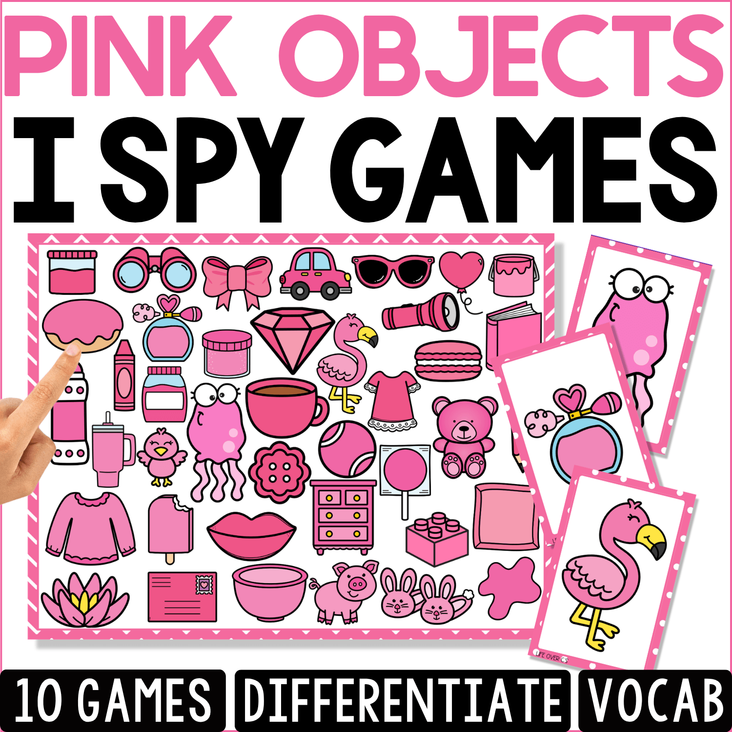 Pink Objects I Spy vocabulary game cover featuring pink objects including a bow, flamingo, pig, teddy bear, diamond, sunglasses, flower, heart, car, cup, and clothing.