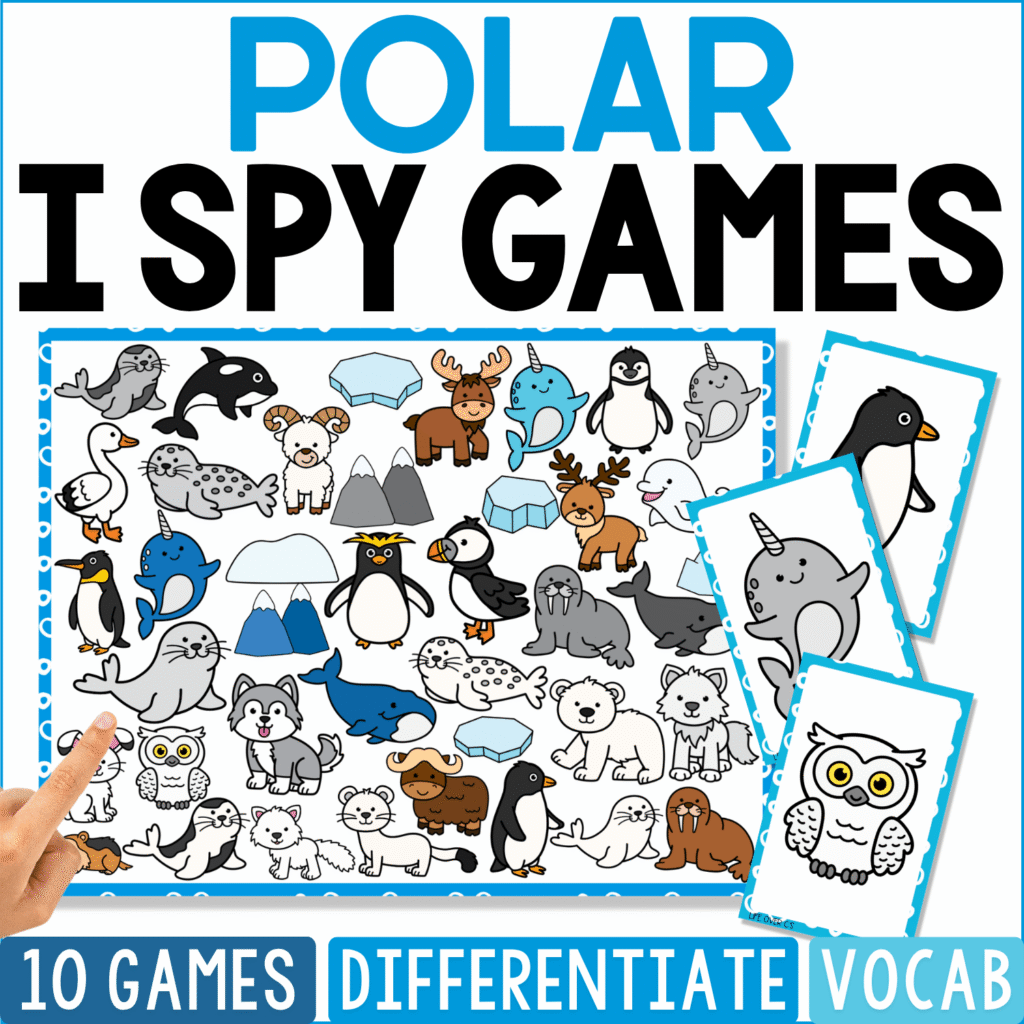 Polar I Spy Games cover presents icy-region animals including penguins, polar bears, seals, walruses, snowy owls, arctic foxes, whales, puffins, narwhals, and caribou scattered among snow and ice formations.