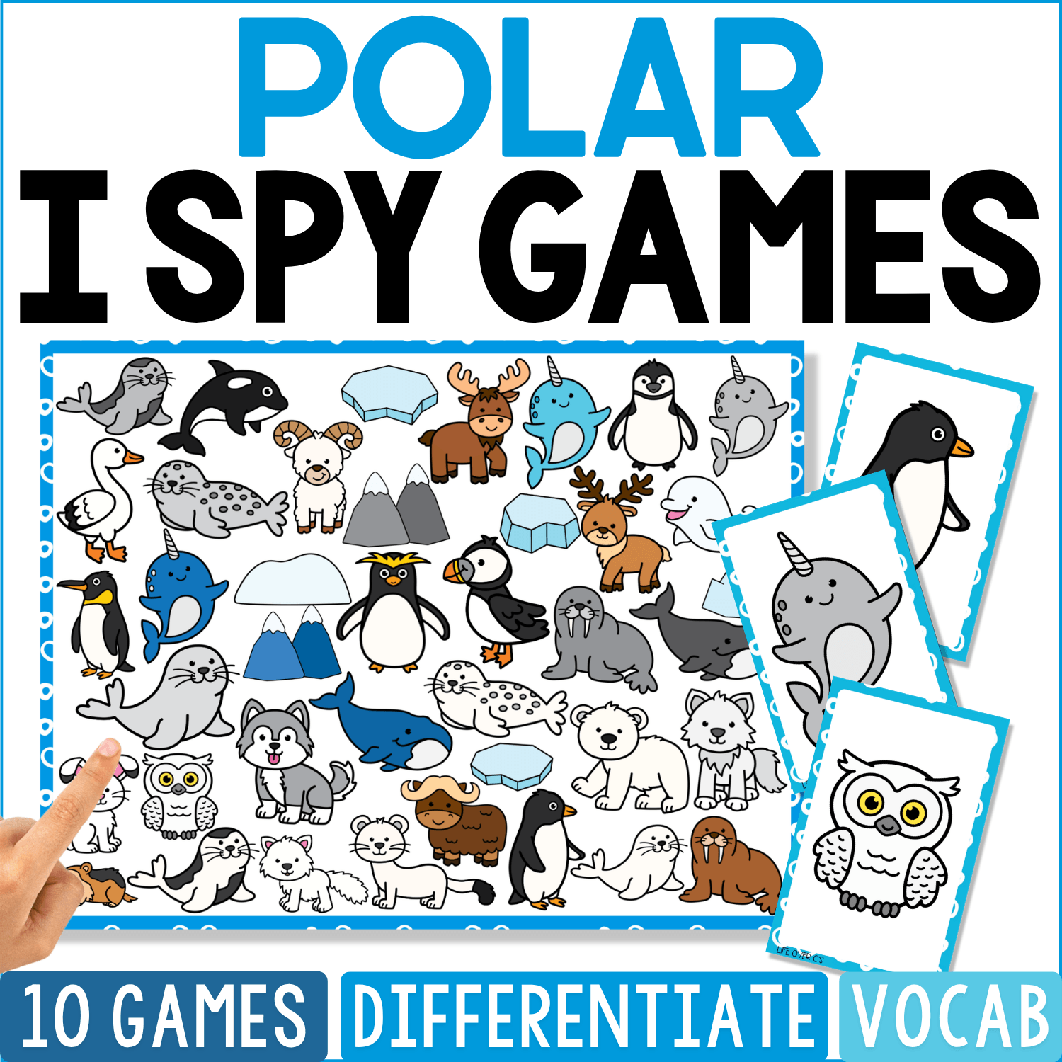 Polar I Spy Games cover presents icy-region animals including penguins, polar bears, seals, walruses, snowy owls, arctic foxes, whales, puffins, narwhals, and caribou scattered among snow and ice formations.