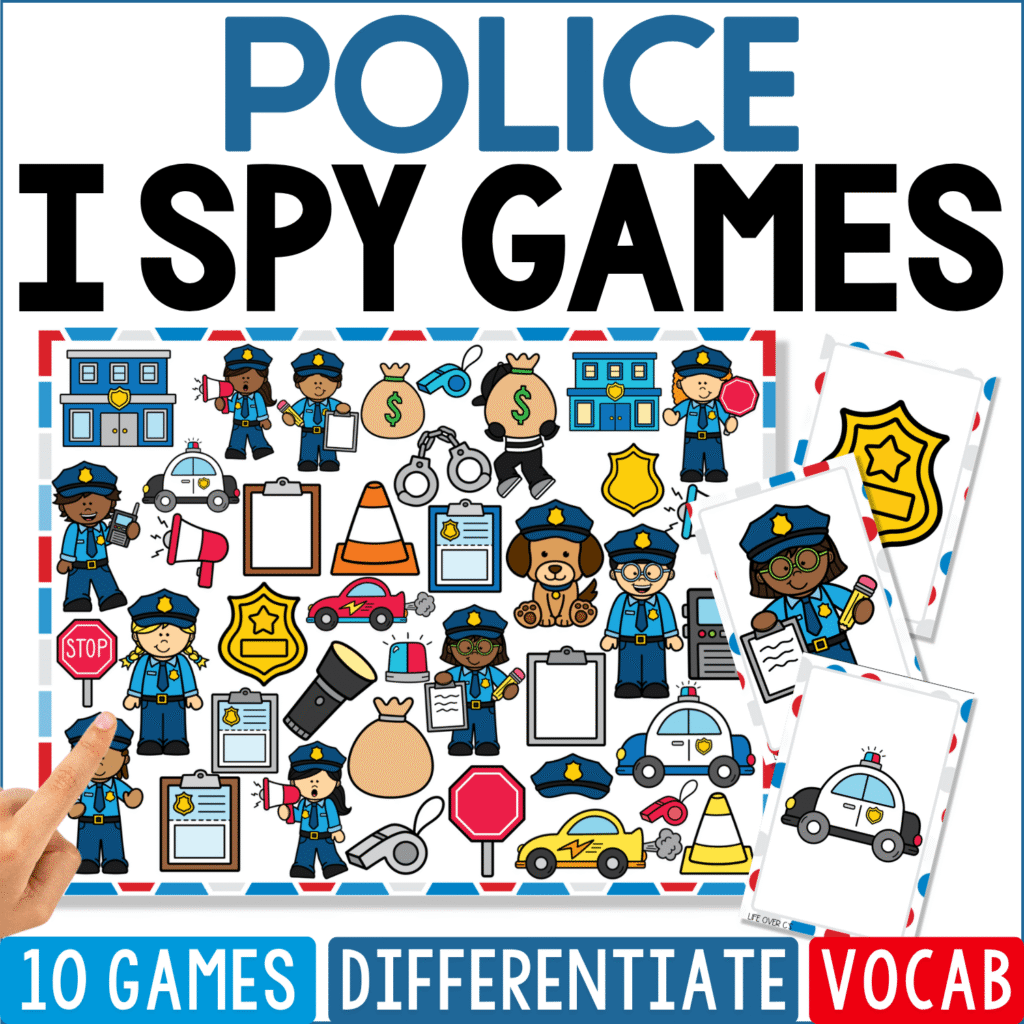Police I Spy Games cover is filled with officers, police cars, badges, handcuffs, whistles, stop signs, radios, traffic cones, clipboards, stations, and money bags, with a patrol car and badge displayed as separate search cards.