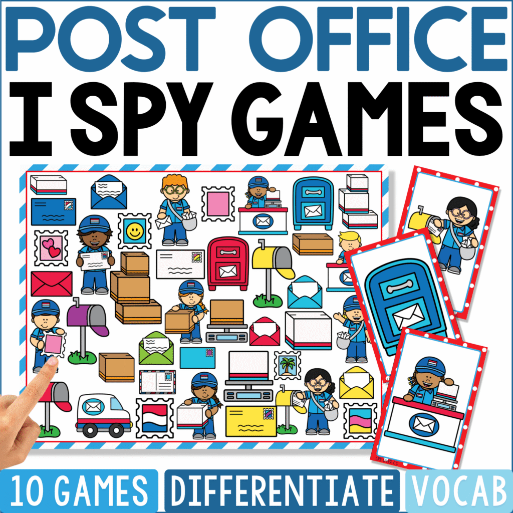 Post Office I Spy Games artwork combines postal workers, blue mailboxes, envelopes, stamps, parcels, delivery trucks, sorting counters, scales, carts, letters, and shipping supplies, with a large mailbox and postal worker card beside the board.