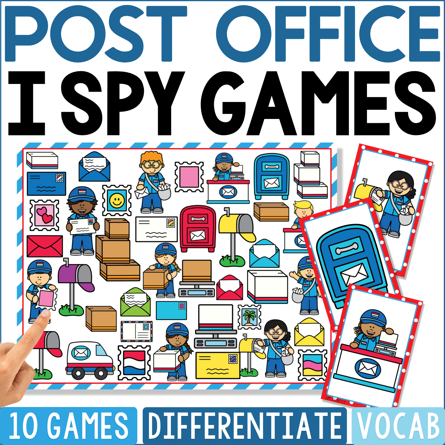 Post Office I Spy Games artwork combines postal workers, blue mailboxes, envelopes, stamps, parcels, delivery trucks, sorting counters, scales, carts, letters, and shipping supplies, with a large mailbox and postal worker card beside the board.