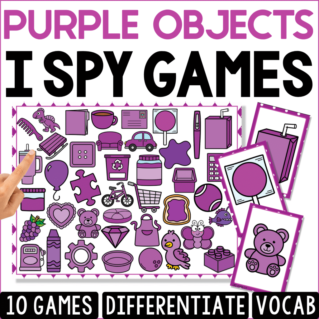 Purple Objects I Spy game cover with a visual discrimination board of purple objects including a bicycle, grapes, teddy bear, puzzle piece, cup, button, book, crayon, and diamond.