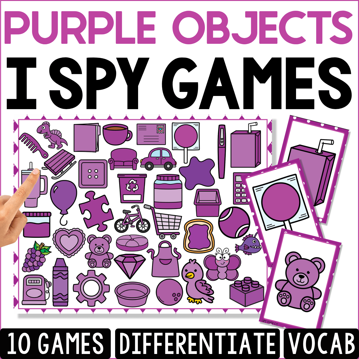 Purple Objects I Spy game cover with a visual discrimination board of purple objects including a bicycle, grapes, teddy bear, puzzle piece, cup, button, book, crayon, and diamond.