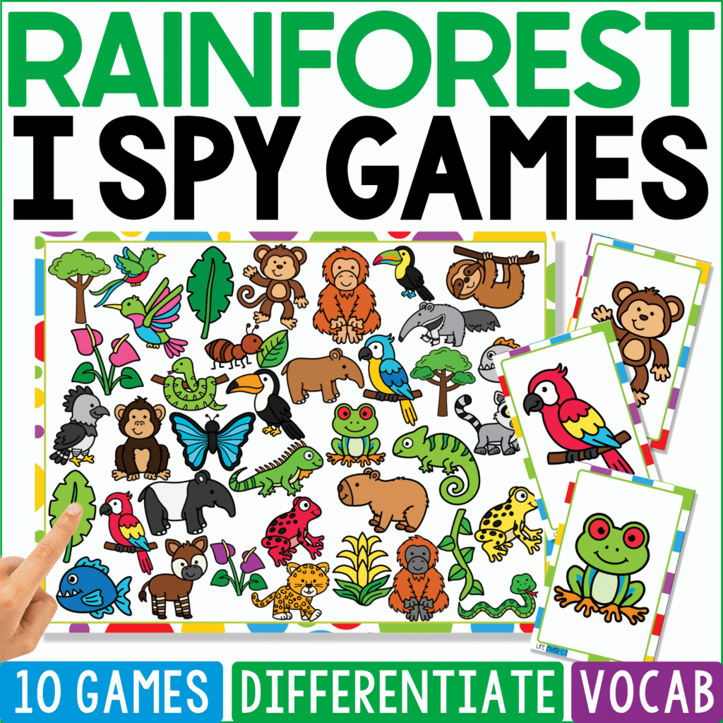 Rainforest I Spy Games cover crowds colorful monkeys, parrots, toucans, frogs, jaguars, snakes, butterflies, sloths, tapirs, tropical flowers, vines, and leafy plants into a vibrant jungle animal search.