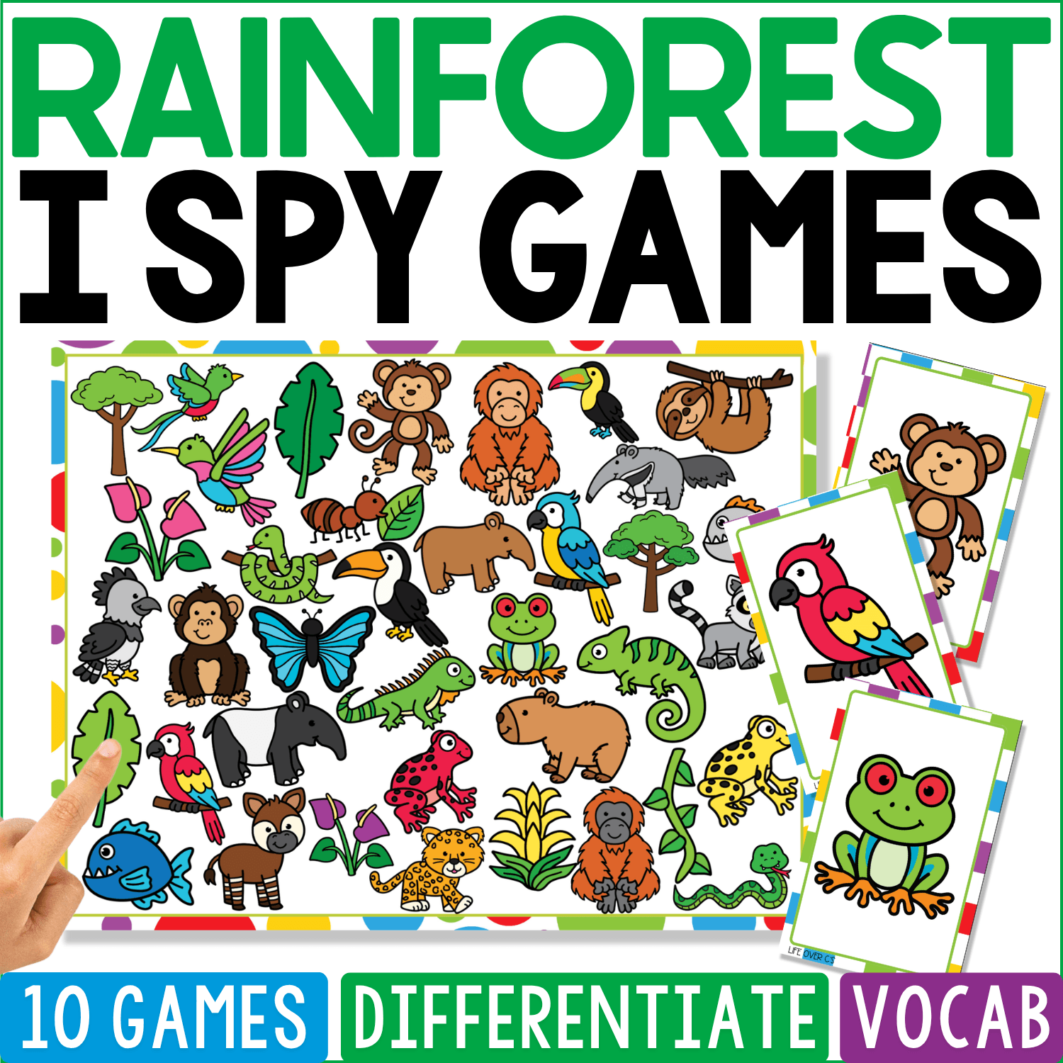 Rainforest I Spy Games cover crowds colorful monkeys, parrots, toucans, frogs, jaguars, snakes, butterflies, sloths, tapirs, tropical flowers, vines, and leafy plants into a vibrant jungle animal search.
