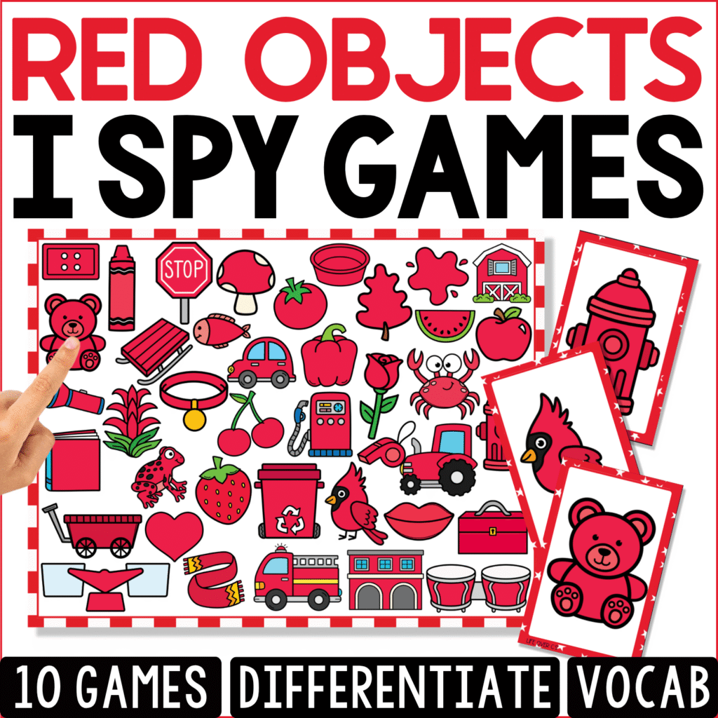 Red Objects I Spy vocabulary game cover featuring a visual discrimination board with red objects including a stop sign, tomato, strawberry, fire truck, heart, cardinal, wagon, teddy bear, and barn.