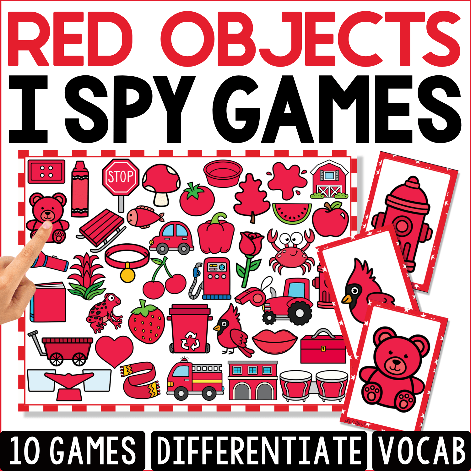 Red Objects I Spy vocabulary game cover featuring a visual discrimination board with red objects including a stop sign, tomato, strawberry, fire truck, heart, cardinal, wagon, teddy bear, and barn.