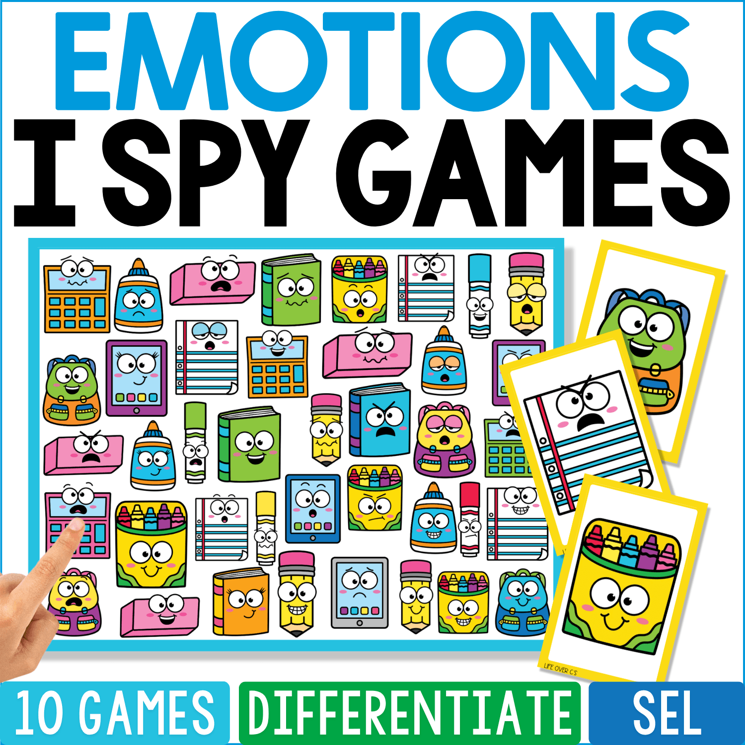 School Supply Emotions I Spy game cover featuring expressive crayons, pencils, notebooks, calculators, glue, and other classroom supplies for emotions and SEL practice.