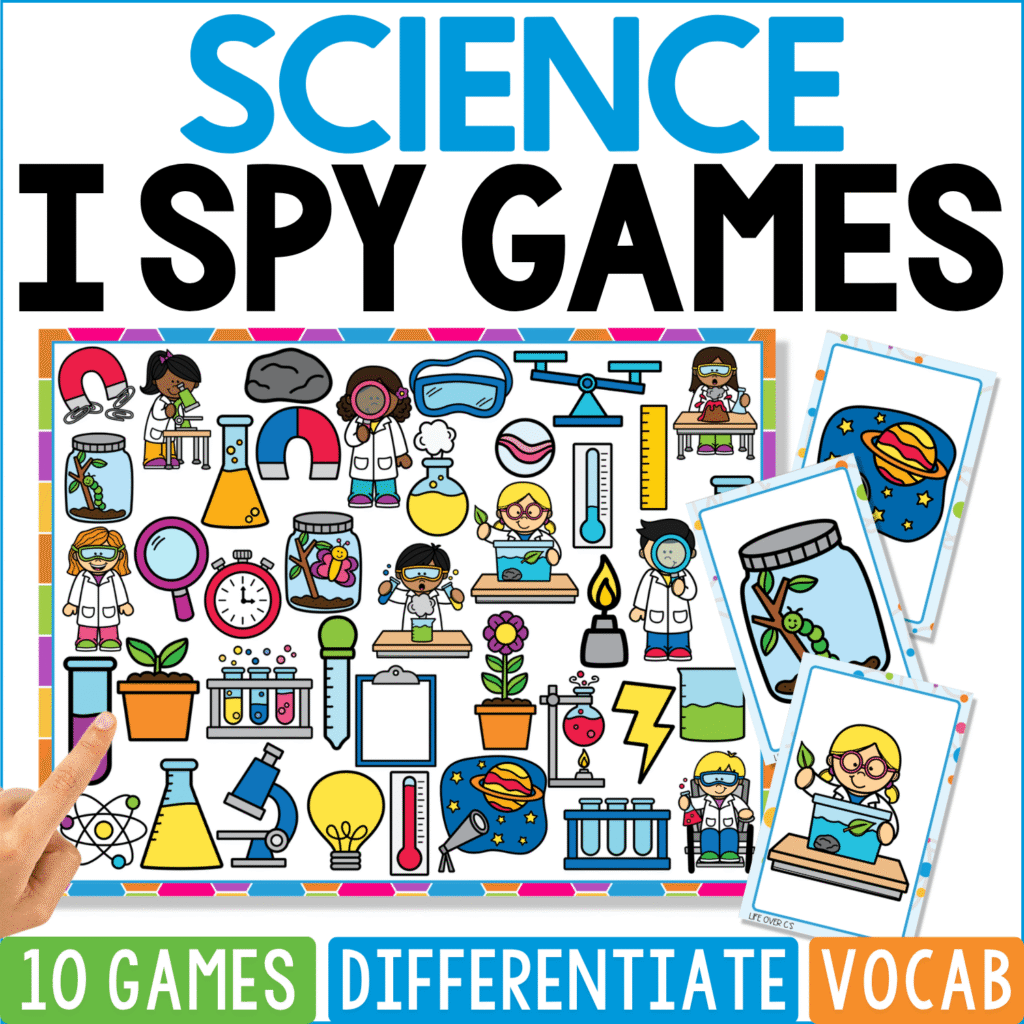 Science I Spy Games cover is a laboratory-themed search board containing microscopes, magnets, thermometers, beakers, test tubes, goggles, rulers, plants, planets, light bulbs, balances, clocks, and children conducting experiments.