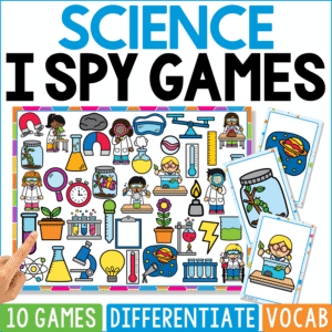Science I Spy Games cover is a laboratory-themed search board containing microscopes, magnets, thermometers, beakers, test tubes, goggles, rulers, plants, planets, light bulbs, balances, clocks, and children conducting experiments.
