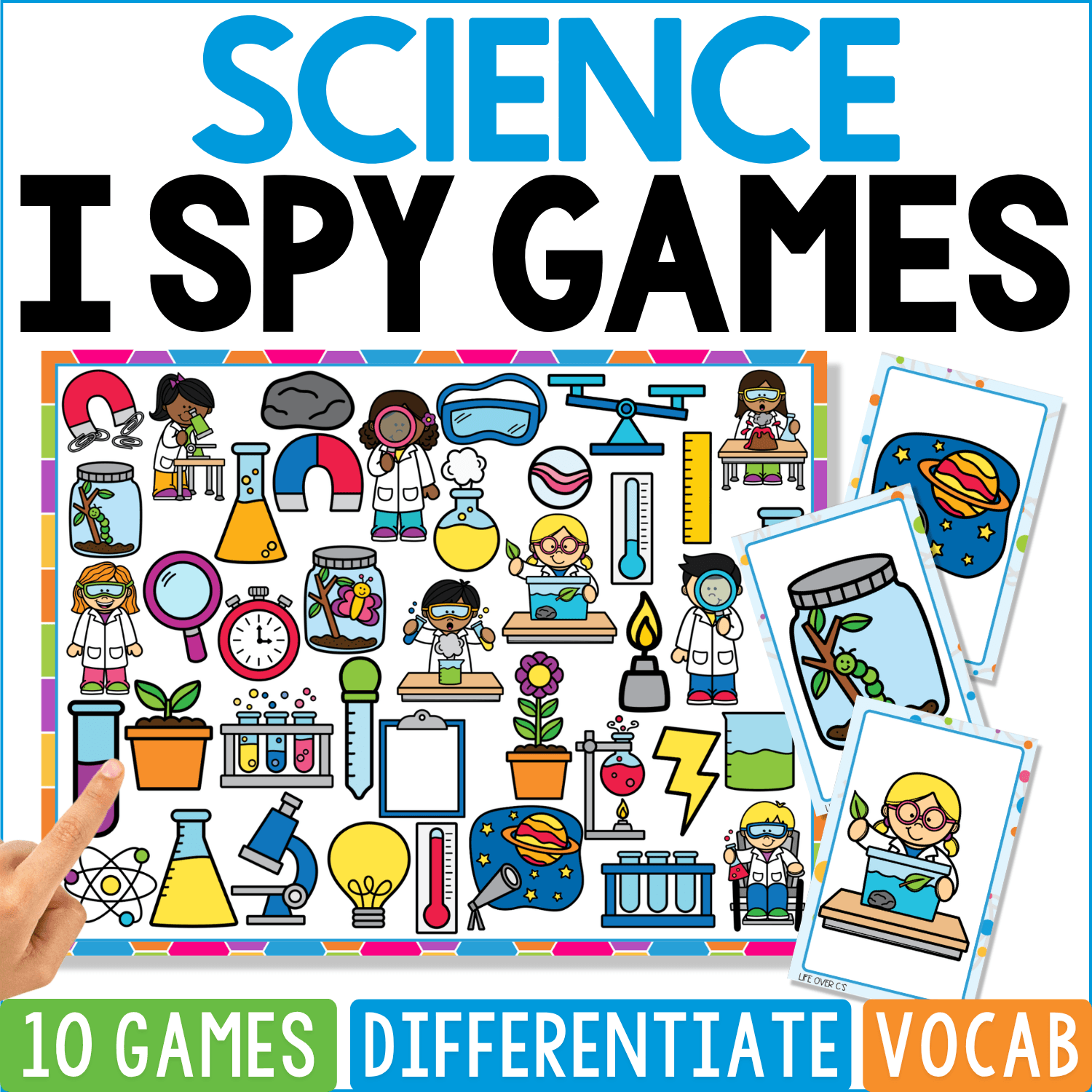 Science I Spy Games cover is a laboratory-themed search board containing microscopes, magnets, thermometers, beakers, test tubes, goggles, rulers, plants, planets, light bulbs, balances, clocks, and children conducting experiments.