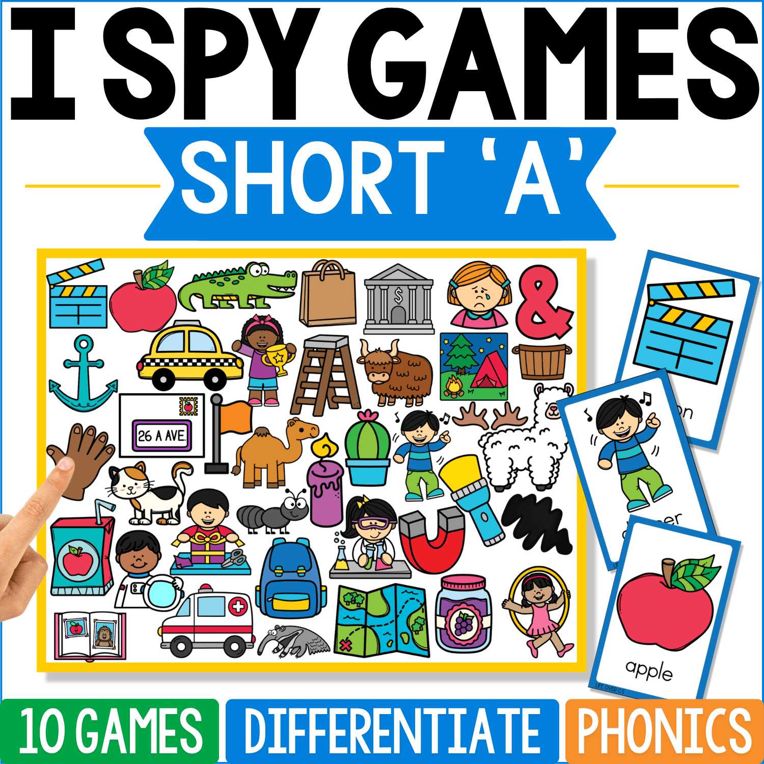 Short ‘A’ I Spy Games phonics cover mixes apple, ambulance, anchor, map, cat, hat, bag, bat, and other short-A picture clues, with a bright red apple and movie clapper card highlighted at the side.