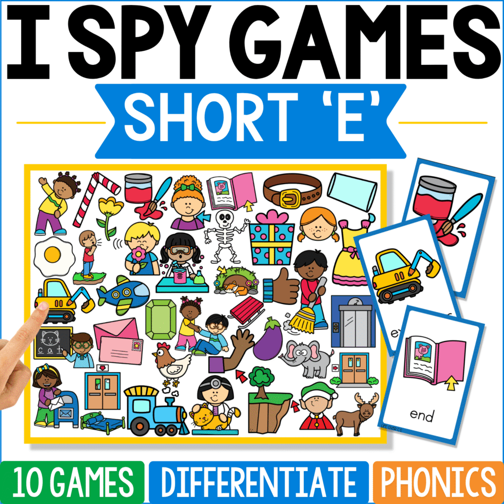 Short ‘E’ I Spy Games cover contains short-E word pictures such as bed, red, hen, ten, leg, jet, and web among people and objects, with “end” and a red paint image shown on the sample cards.