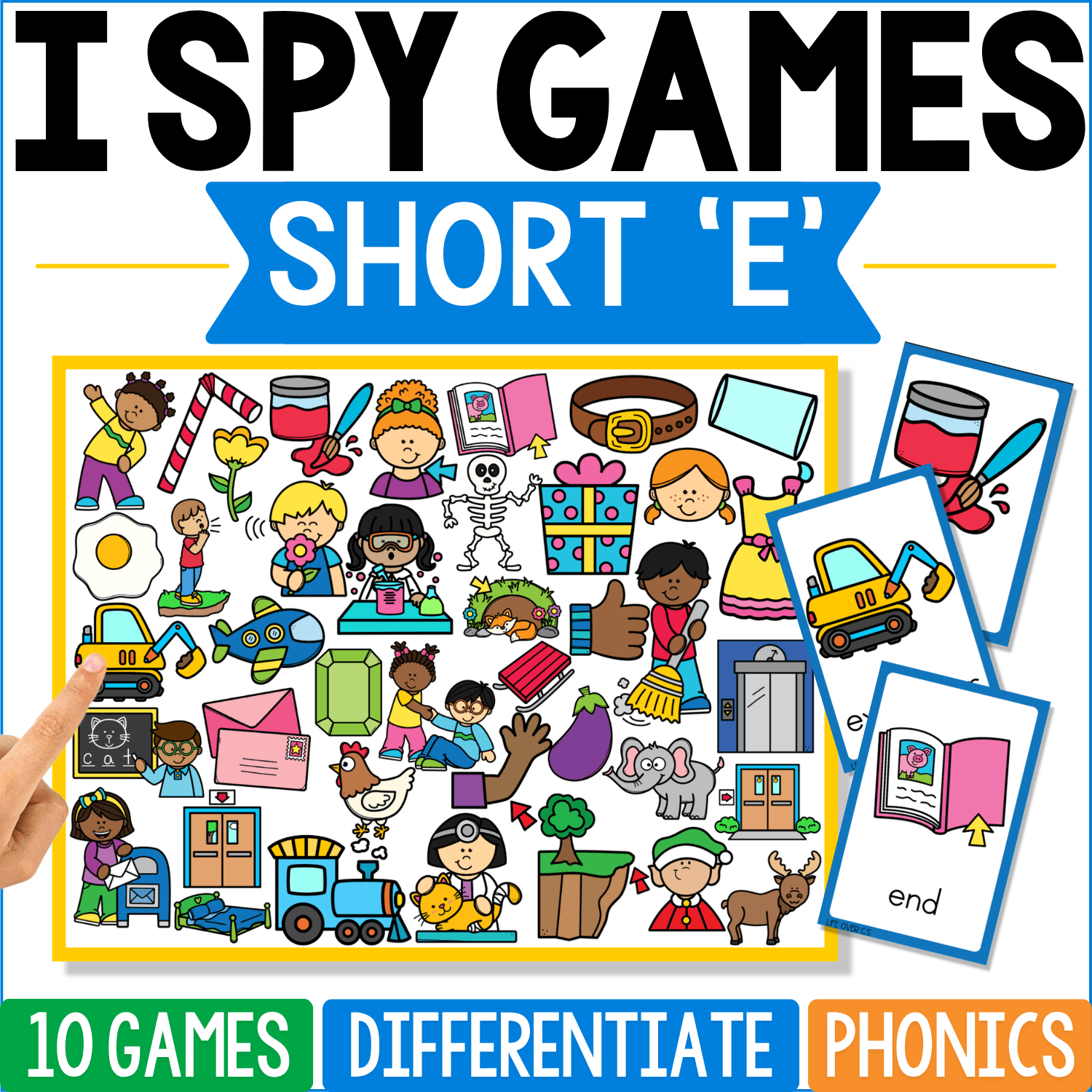 Short ‘E’ I Spy Games cover contains short-E word pictures such as bed, red, hen, ten, leg, jet, and web among people and objects, with “end” and a red paint image shown on the sample cards.