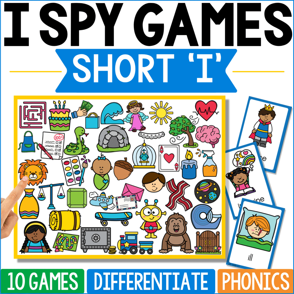Short ‘I’ phonics I Spy cover includes illustrated words such as kid, pig, sit, fin, lip, pin, and six, with a king-like child, “ill” picture, and other side cards drawing attention to the medial short-I sound.