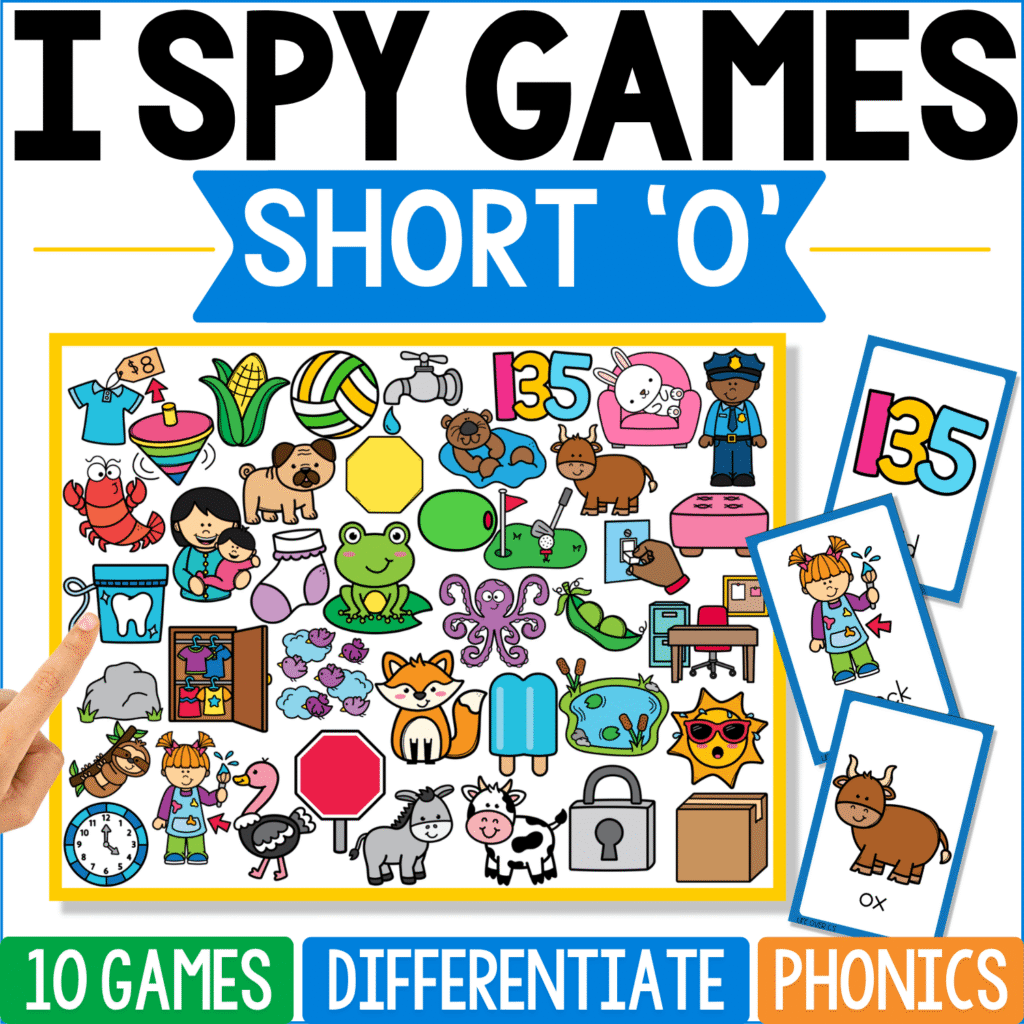 Short ‘O’ I Spy Games cover features ox, fox, clock, stop, frog, pot, dog, box, and other short-O clues, with a brown ox and colorful number 135 image appearing on the example cards.