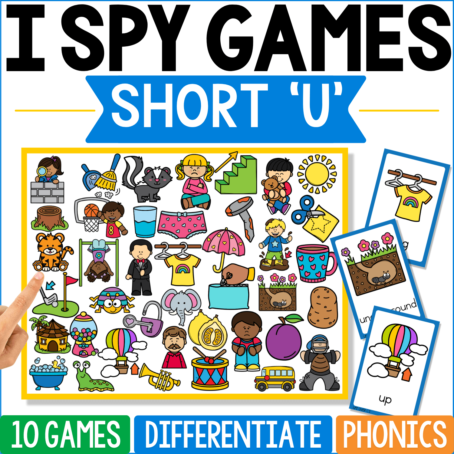 Short ‘U’ I Spy phonics cover scatters umbrella, sun, tub, cup, bug, drum, rug, and other short-U pictures across the board, with cards for “up,” “round,” and a yellow shirt visible along the edge.
