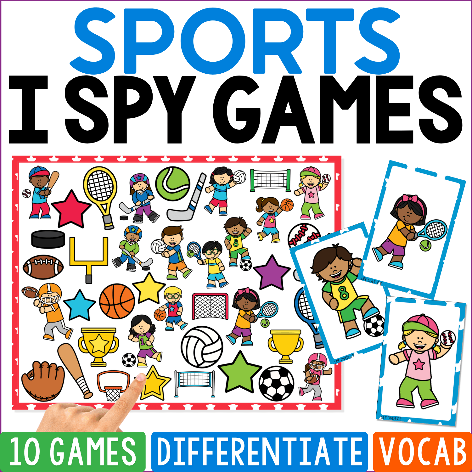 Sports I Spy Games cover combines athletes playing tennis, soccer, basketball, baseball, hockey, volleyball, and football with rackets, balls, nets, goals, trophies, stars, and gloves for a high-energy sports vocabulary search.