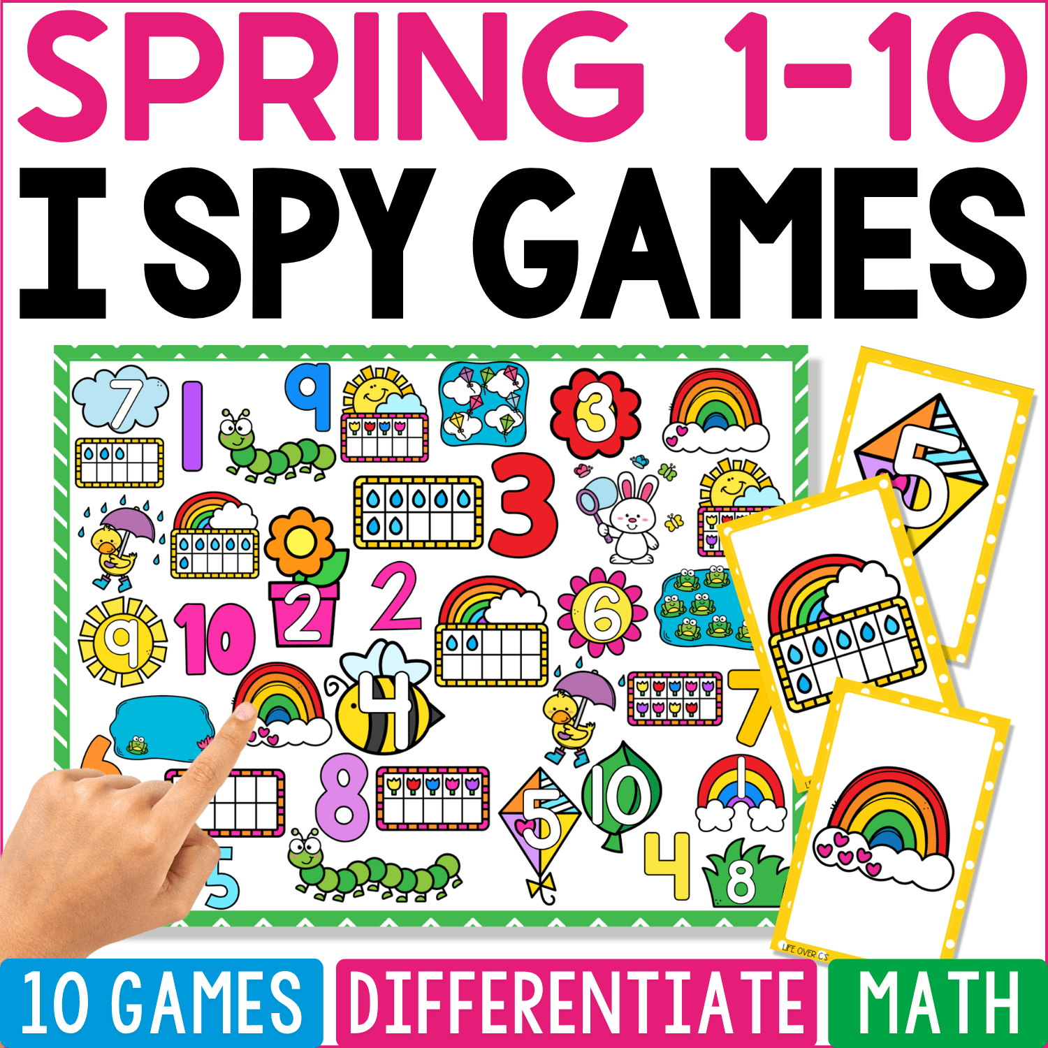 Spring Counting 1-10 I Spy math game cover with numerals, ten frames, rainbows, caterpillars, flowers, bees, bunnies, umbrellas, and other spring-themed counting pictures.