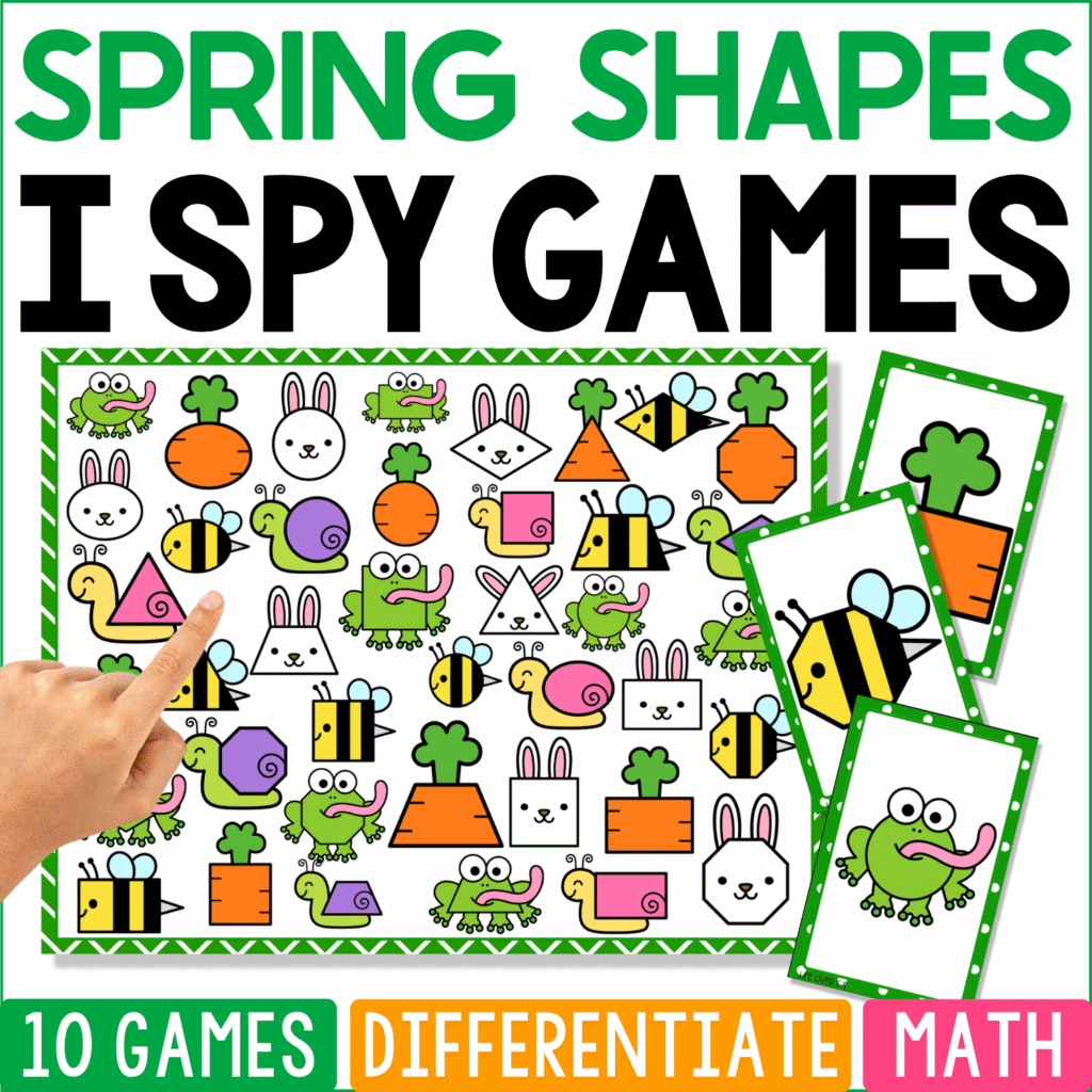 Spring Shapes I Spy math game cover featuring frogs, bunnies, bees, snails, carrots, and clovers made with circles, squares, triangles, rectangles, and other 2D shapes.