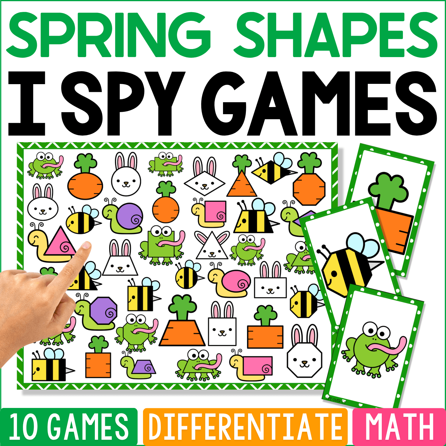 Spring Shapes I Spy math game cover featuring frogs, bunnies, bees, snails, carrots, and clovers made with circles, squares, triangles, rectangles, and other 2D shapes.