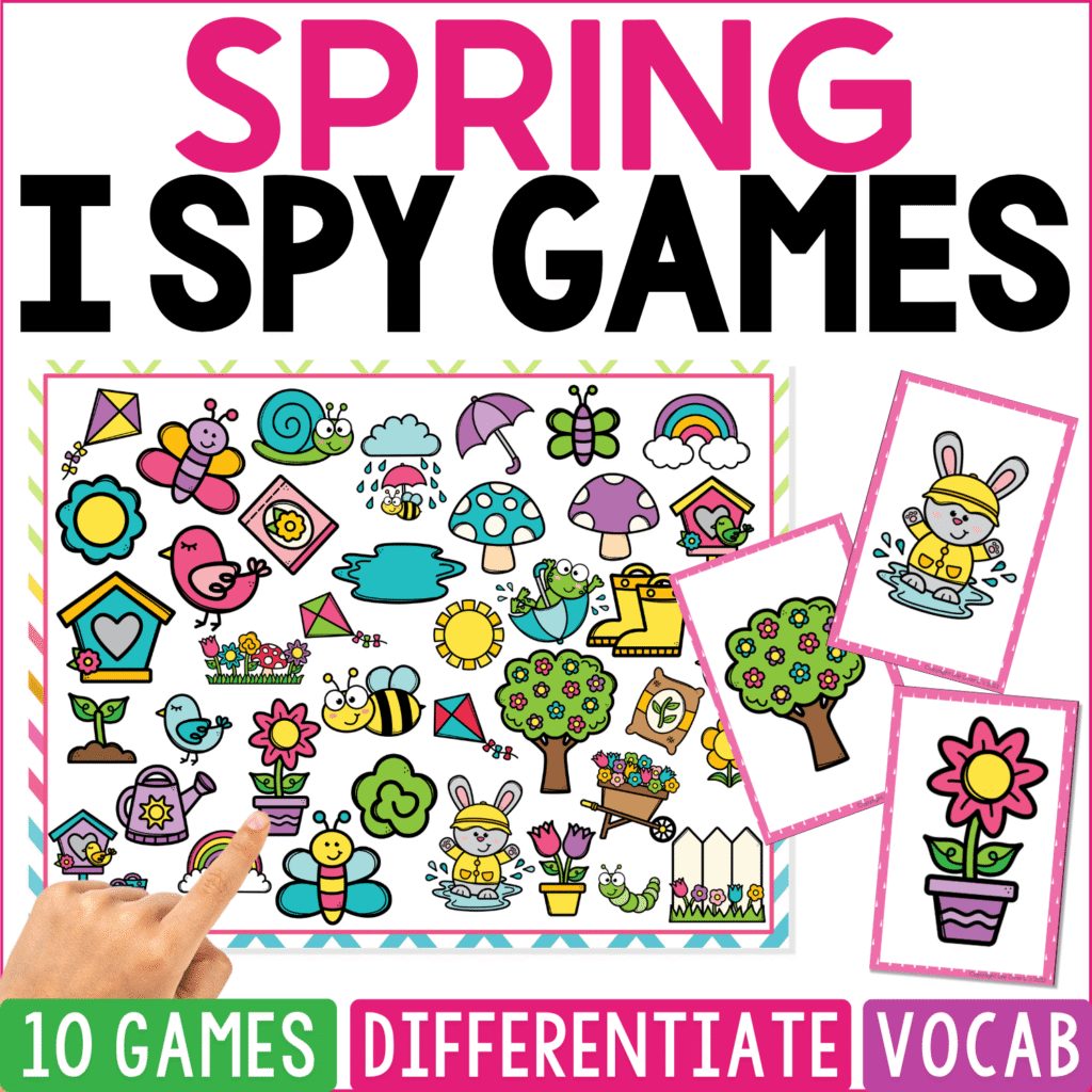 Spring I Spy Games cover shows rainy clouds, umbrellas, puddles, snails, bees, butterflies, flowers, birds, nests, trees, garden tools, kites, and potted plants, with a rabbit, flowering tree, and flowerpot on the game cards.