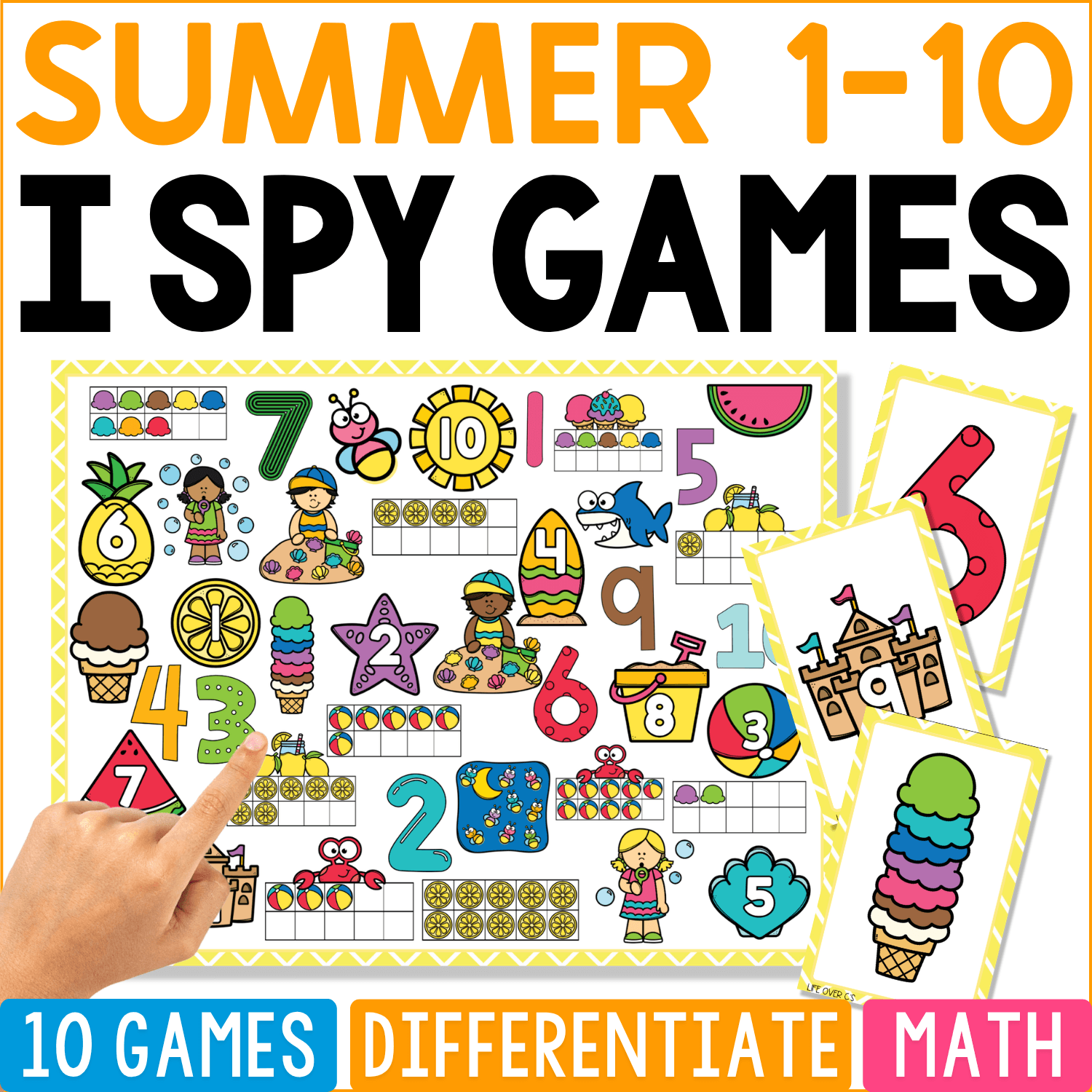 Summer Counting 1-10 I Spy math game cover featuring numerals, ten frames, watermelon, pineapple, ice cream, sandcastles, children, beach balls, lemonade, and summer pictures.