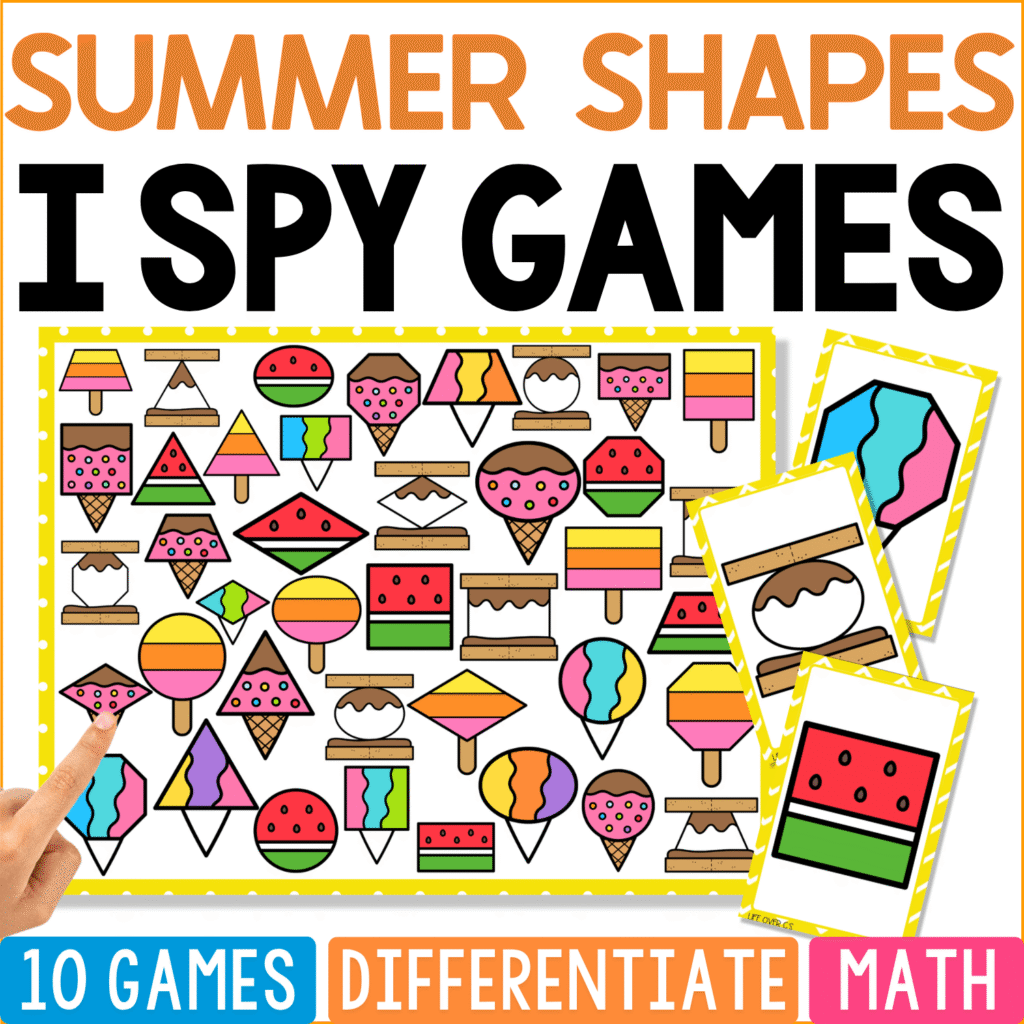 Summer Shapes I Spy math game cover with ice cream, watermelon, popsicles, beach balls, sunglasses, and summer pictures featuring circles, triangles, rectangles, diamonds, and other 2D shapes.