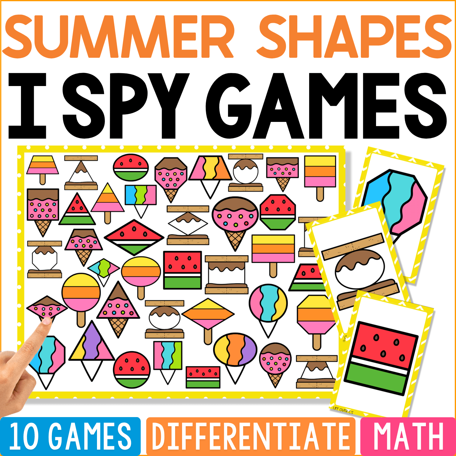 Summer Shapes I Spy math game cover with ice cream, watermelon, popsicles, beach balls, sunglasses, and summer pictures featuring circles, triangles, rectangles, diamonds, and other 2D shapes.