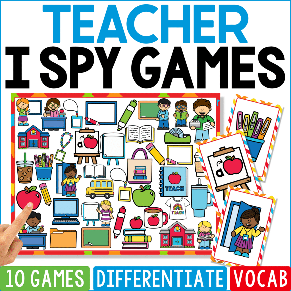 Teacher I Spy Games cover depicts a classroom through teacher-related objects including whiteboards, desks, pencils, books, apples, school buildings, computers, backpacks, markers, easels, buses, and teacher characters, with an apple-on-easel card featured.