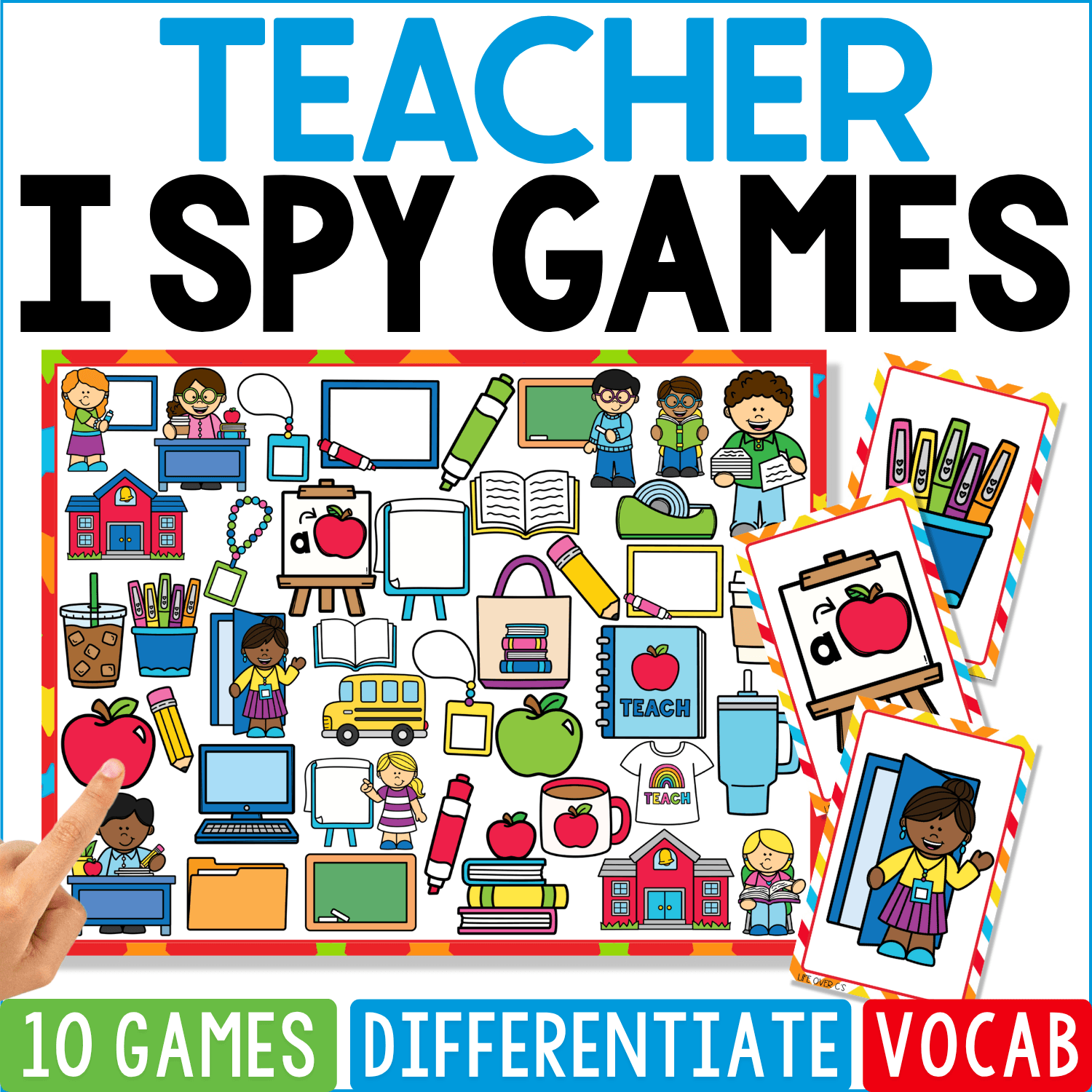 Teacher I Spy Games cover depicts a classroom through teacher-related objects including whiteboards, desks, pencils, books, apples, school buildings, computers, backpacks, markers, easels, buses, and teacher characters, with an apple-on-easel card featured.