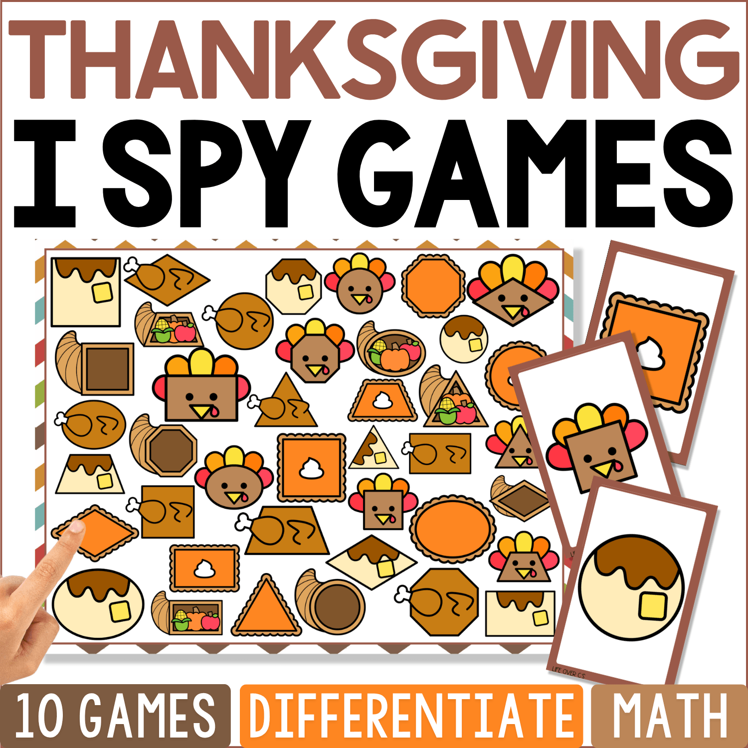 Thanksgiving Shapes I Spy math game cover featuring turkeys, pies, bread, pumpkins, cornucopias, and Thanksgiving foods created with circles, squares, triangles, rectangles, and other 2D shapes.