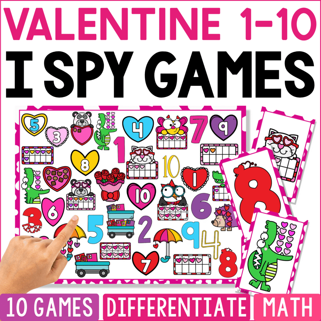 Valentine Counting 1-10 I Spy math game cover featuring numerals, ten frames, hearts, Valentine monsters, cards, mail trucks, cupcakes, umbrellas, and Valentine-themed counting pictures.