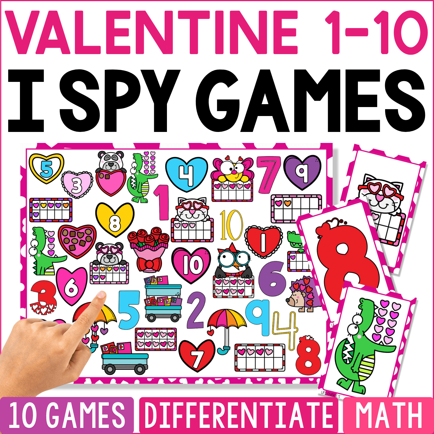 Valentine Counting 1-10 I Spy math game cover featuring numerals, ten frames, hearts, Valentine monsters, cards, mail trucks, cupcakes, umbrellas, and Valentine-themed counting pictures.