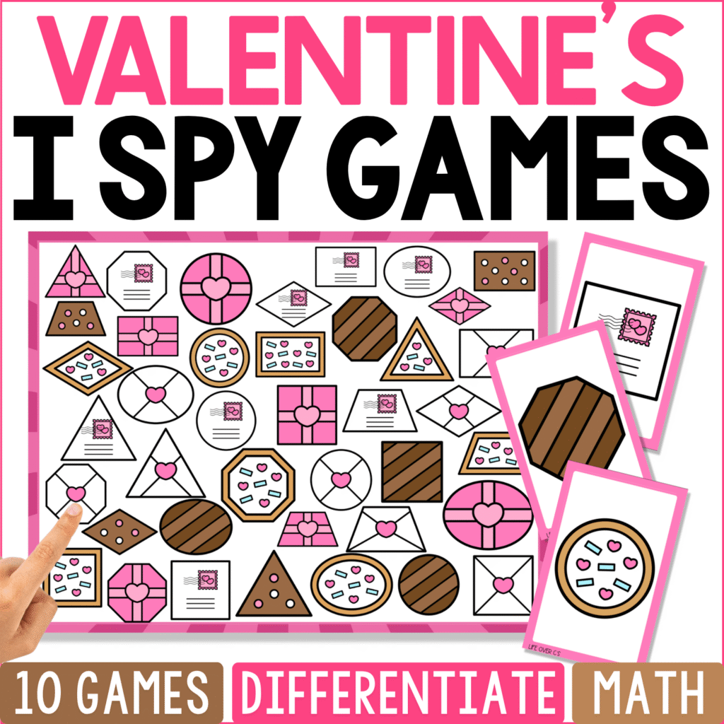 Valentine Shapes I Spy math game cover with hearts, chocolates, cards, cookies, gifts, envelopes, and Valentine pictures featuring circles, squares, triangles, rectangles, and other 2D shapes.