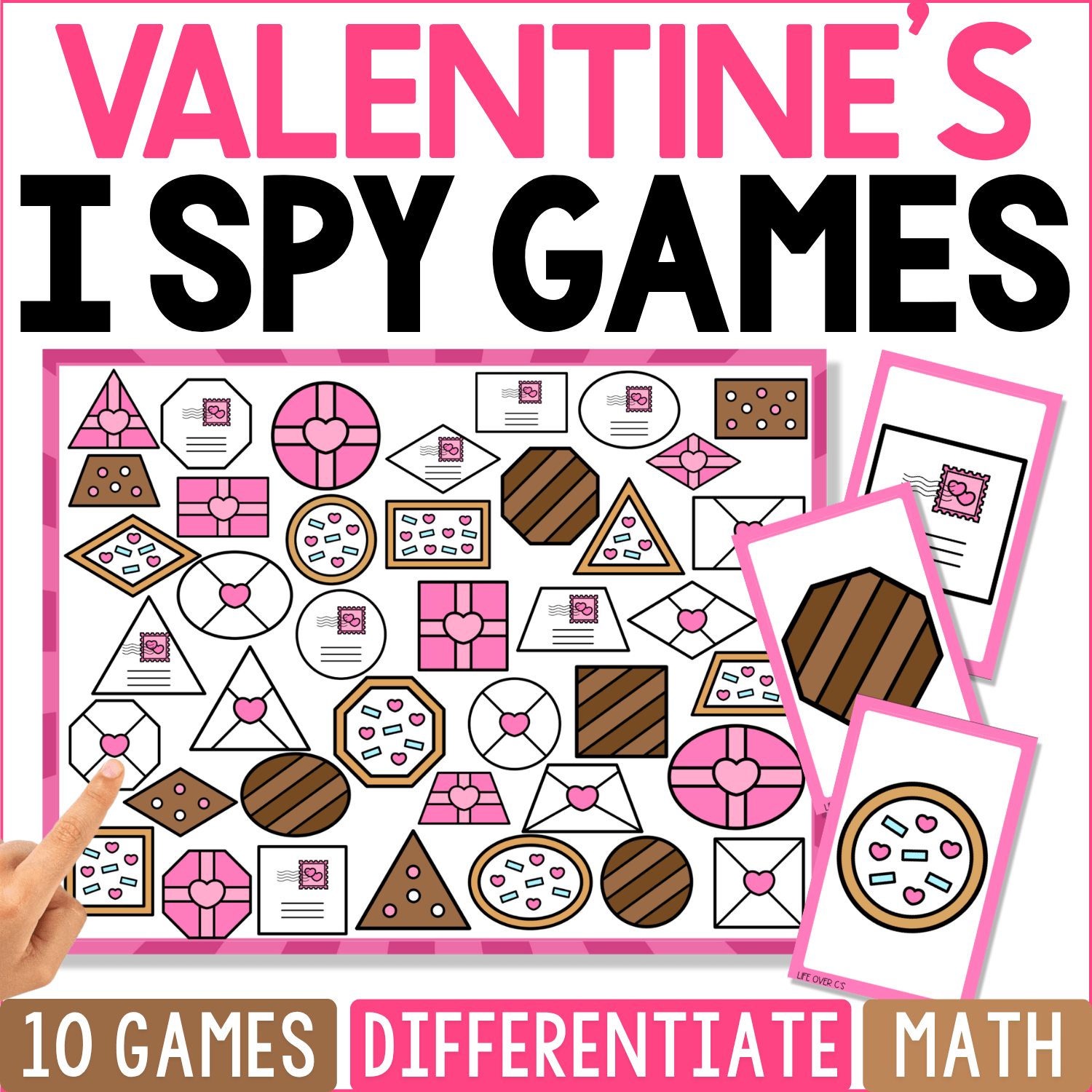 Valentine Shapes I Spy math game cover with hearts, chocolates, cards, cookies, gifts, envelopes, and Valentine pictures featuring circles, squares, triangles, rectangles, and other 2D shapes.