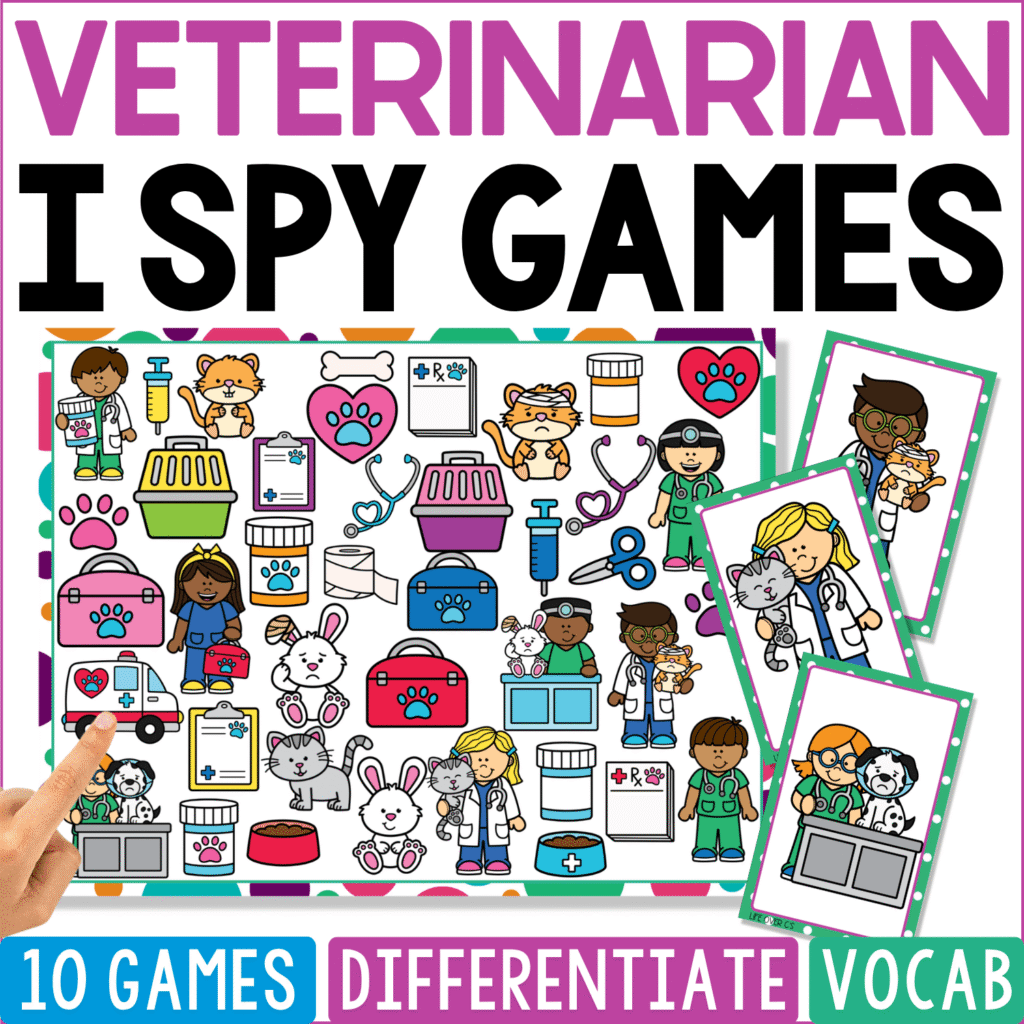 Veterinarian I Spy Games cover combines vets examining cats and dogs with pet carriers, paw prints, medicine bottles, bandages, scales, bowls, animal cages, stethoscopes, grooming tools, and veterinary clinic supplies.