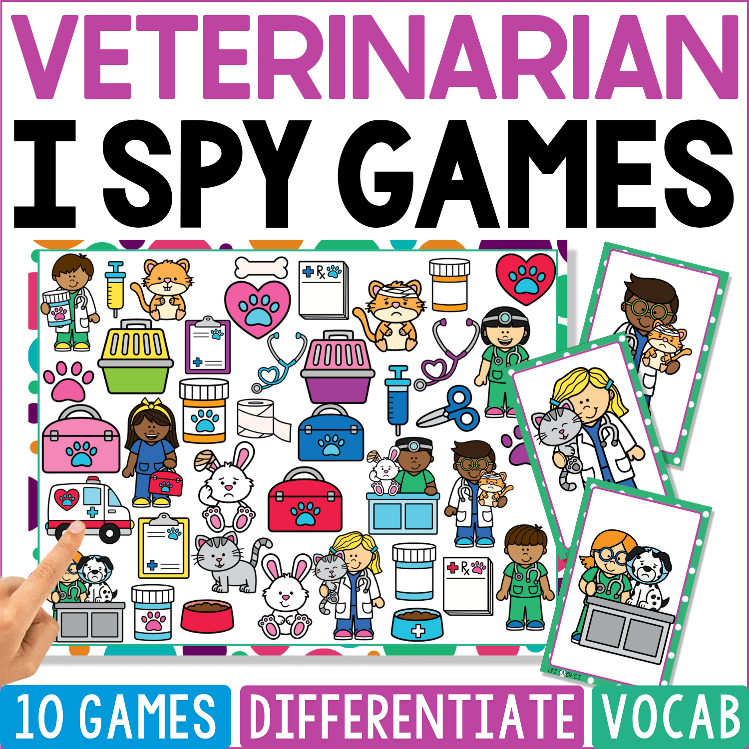 Veterinarian I Spy Games cover combines vets examining cats and dogs with pet carriers, paw prints, medicine bottles, bandages, scales, bowls, animal cages, stethoscopes, grooming tools, and veterinary clinic supplies.