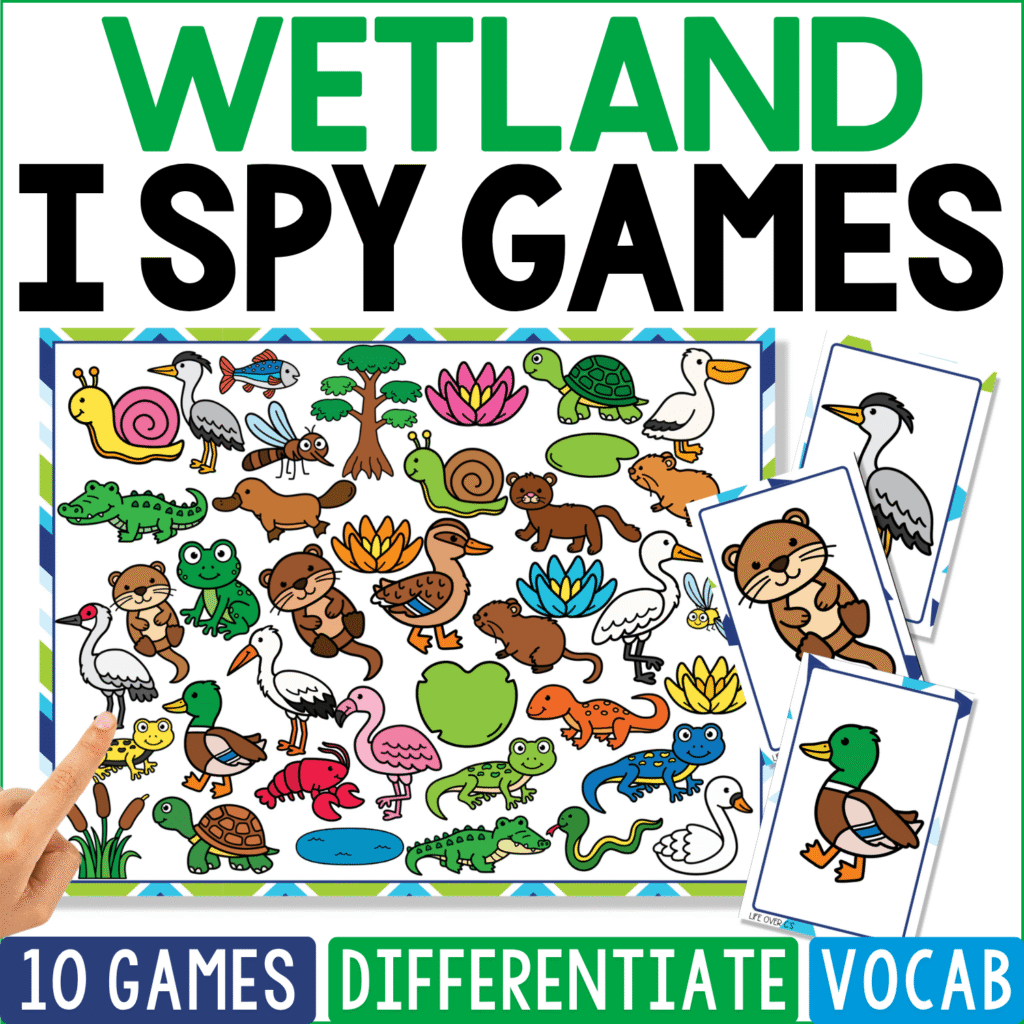 Wetland I Spy Games cover mixes ducks, frogs, turtles, alligators, otters, beavers, snails, cranes, fish, lily pads, cattails, lotus flowers, and swamp grasses, with duck and otter picture cards extending from the habitat board.